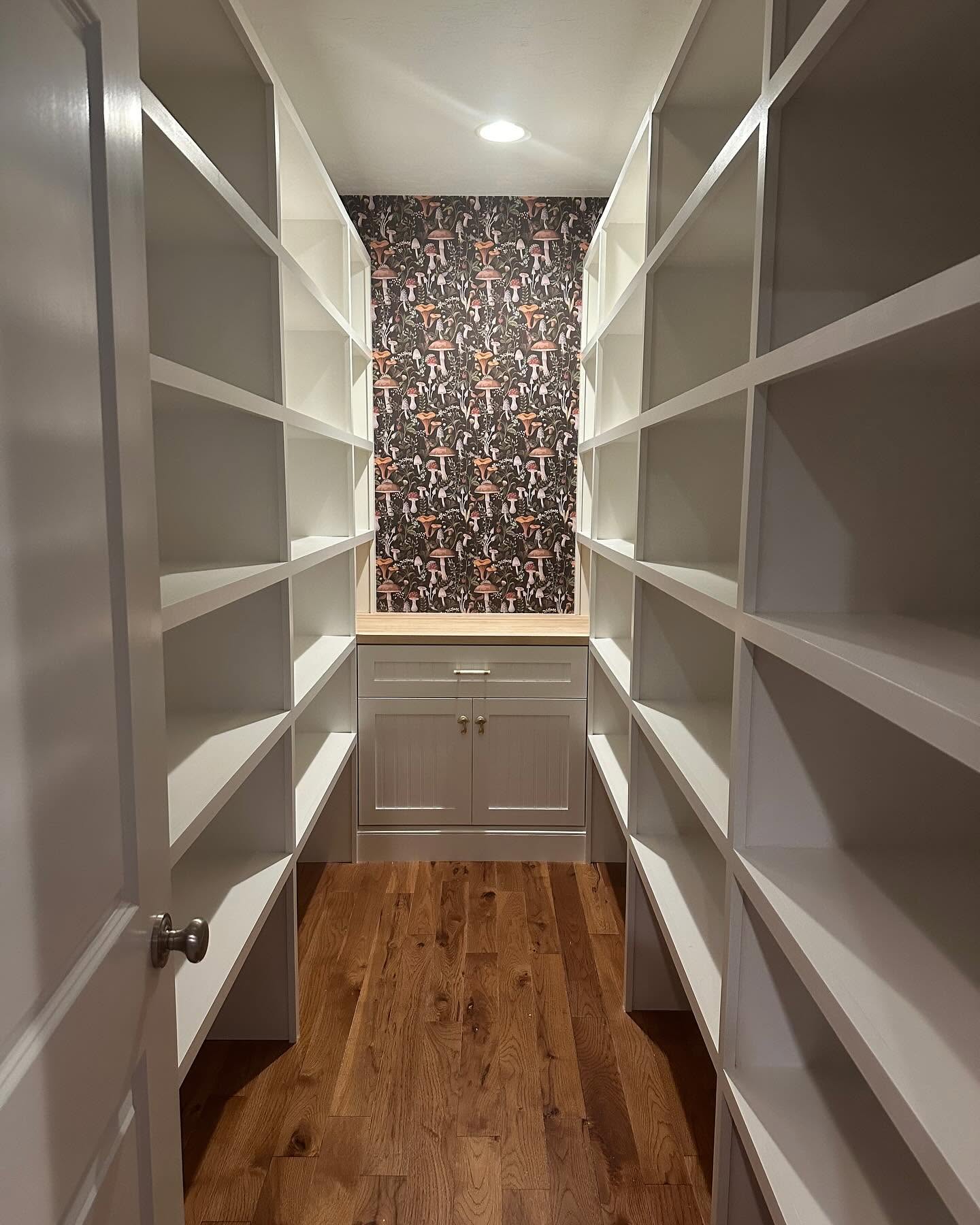 Walk-in pantry with built-in shelving and wallpaper accent wall
